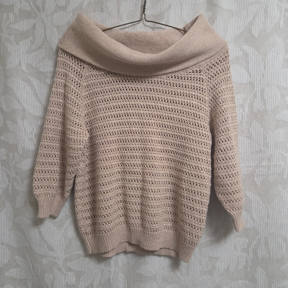 Women's M Beige Tan Open-Knit Cowl Neck Pullover Sweater Shimmery Off Shoulder